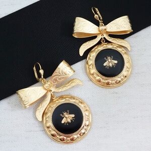 Catherine Popesco Statement Earrings, Black Enamel, Bee, Bow,  Vintage Inspired